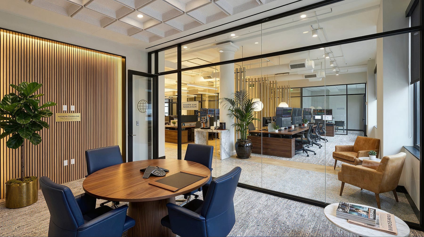 A corner conference room at 37 East 18th, virtually staged