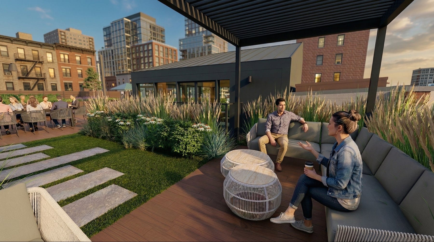 The same rooftop rendering, made photoreal at dusk