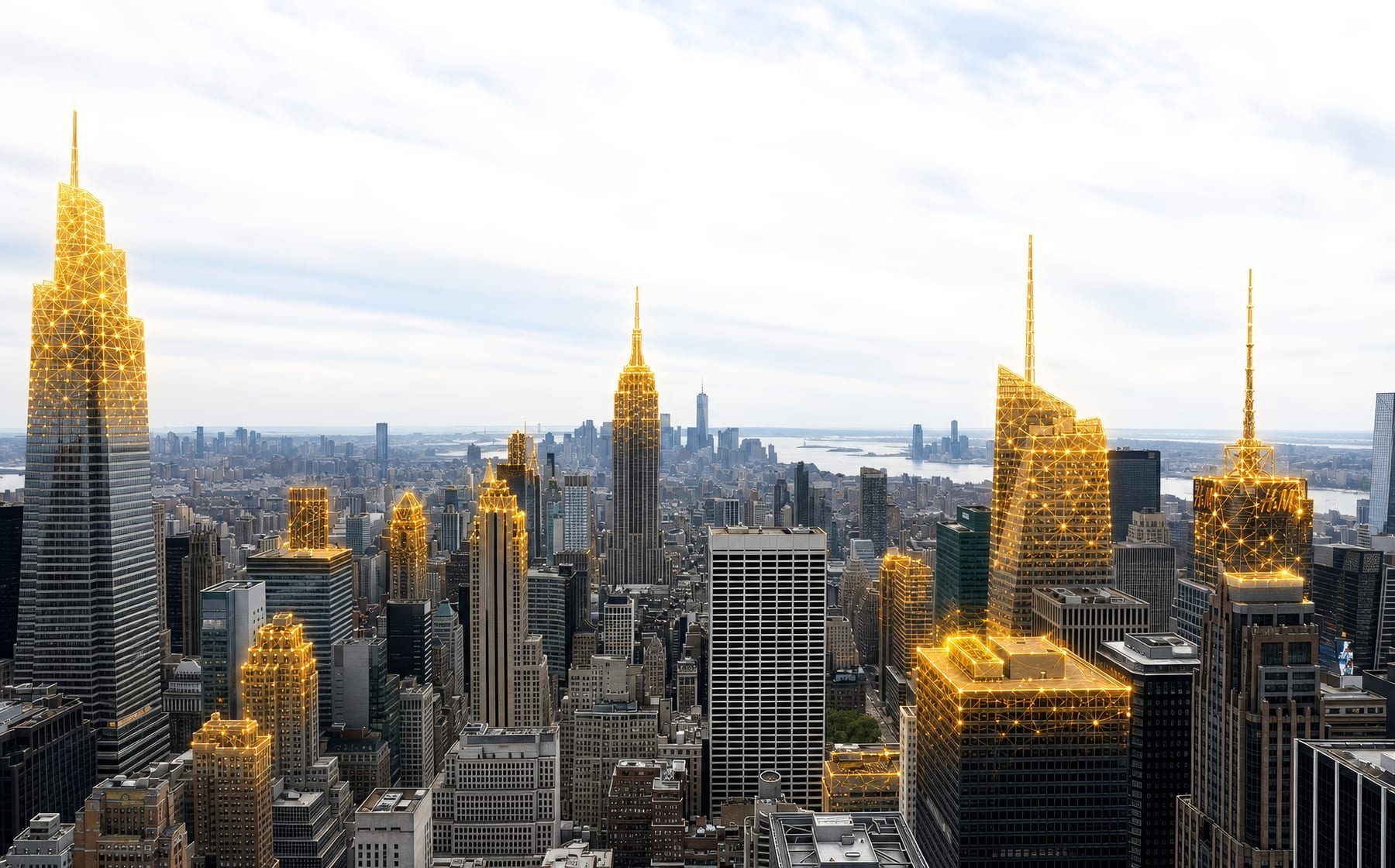 The Midtown Manhattan skyline with several buildings rendered as Trophy's gold system mesh