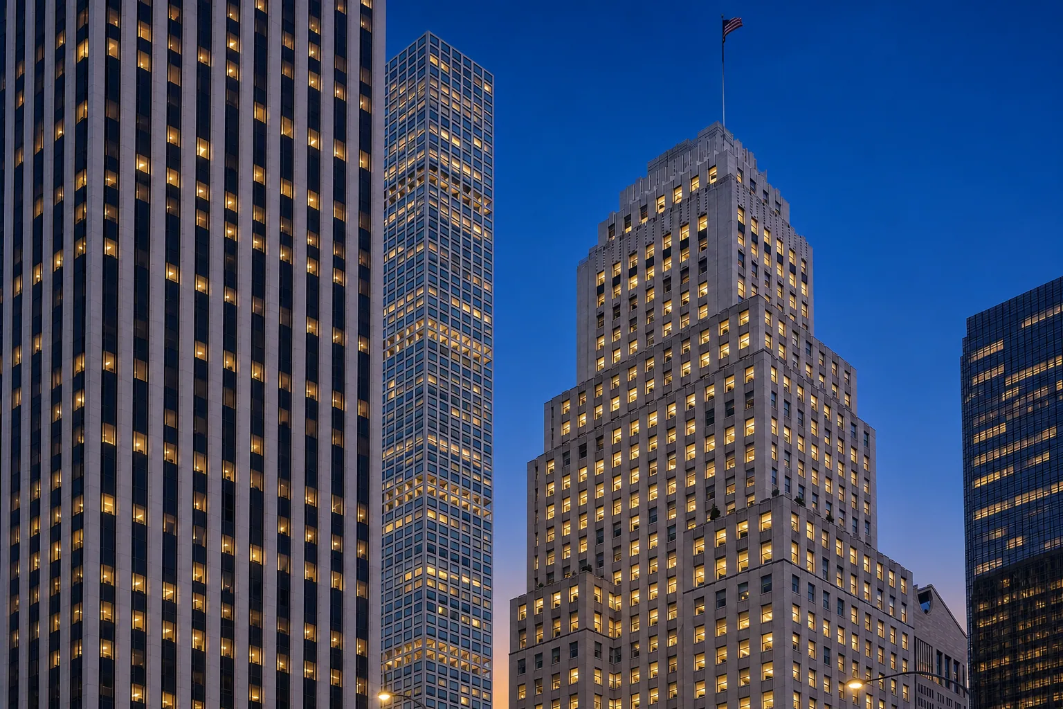 A Manhattan office tower at dusk